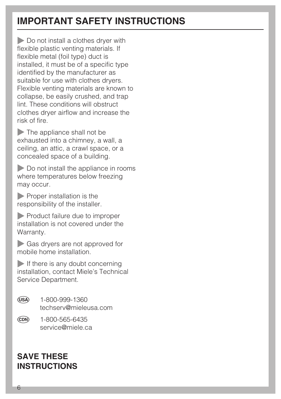 Important safety instructions | Miele TOUCHTRONIC T 9822 User Manual | Page 6 / 28