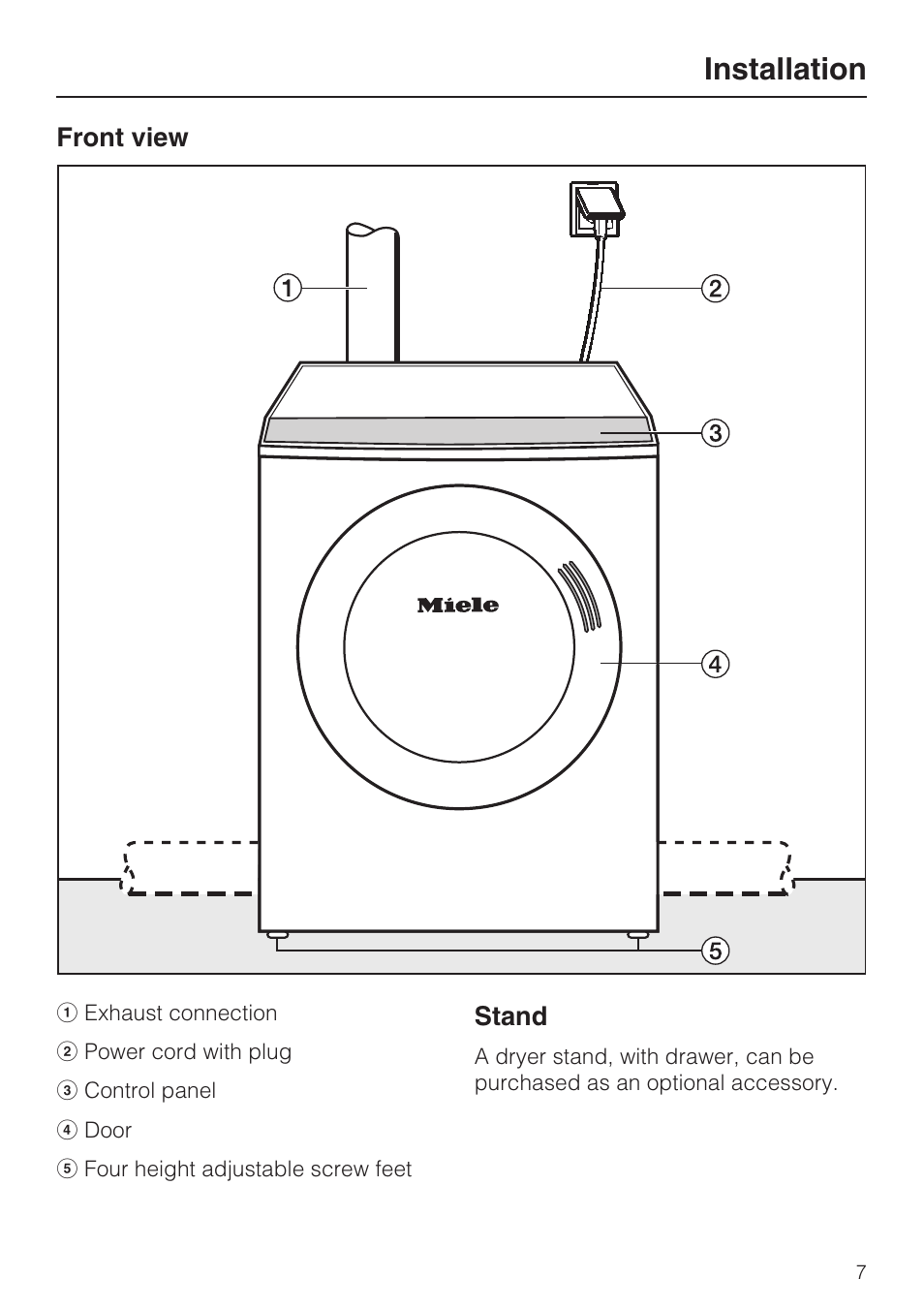 Installation 7, Stand 7, Installation | Miele TOUCHTRONIC T 9822 User Manual | Page 7 / 28