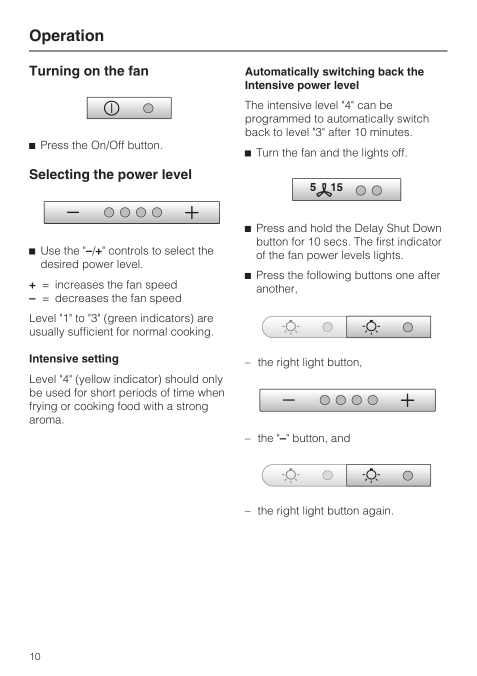 Operation 10, Turning on the fan 10, Selecting the power level 10 | Operation, Turning on the fan, Selecting the power level | Miele DA 279-4  EN User Manual | Page 10 / 36