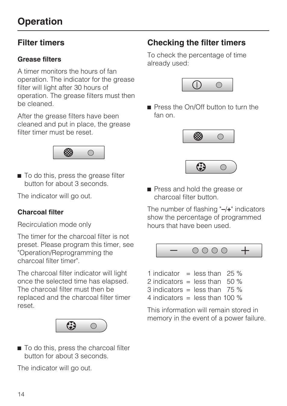 Filter timers 14, Checking the filter timers 14, Operation | Filter timers, Checking the filter timers | Miele DA 279-4  EN User Manual | Page 14 / 36