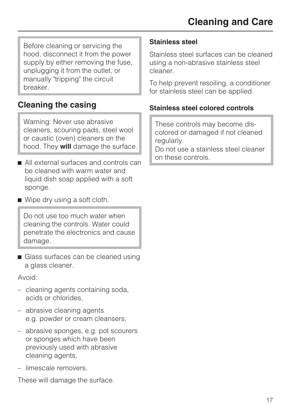 Cleaning and care 17, Cleaning the casing 17, Cleaning and care | Cleaning the casing | Miele DA 279-4  EN User Manual | Page 17 / 36