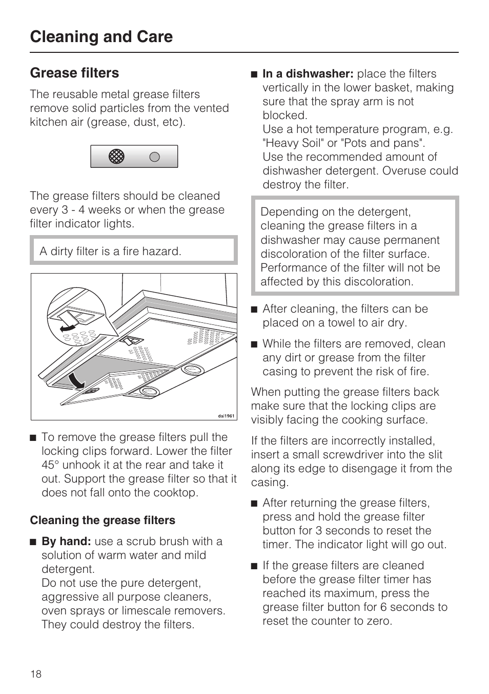 Grease filters 18, Cleaning and care, Grease filters | Miele DA 279-4  EN User Manual | Page 18 / 36