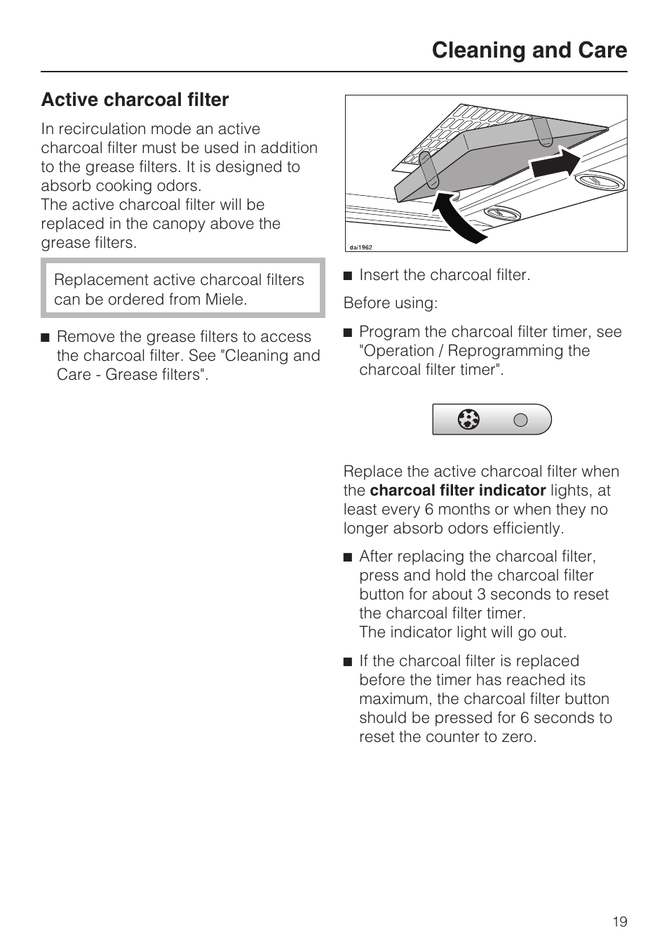 Active charcoal filter 19, Cleaning and care, Active charcoal filter | Miele DA 279-4  EN User Manual | Page 19 / 36
