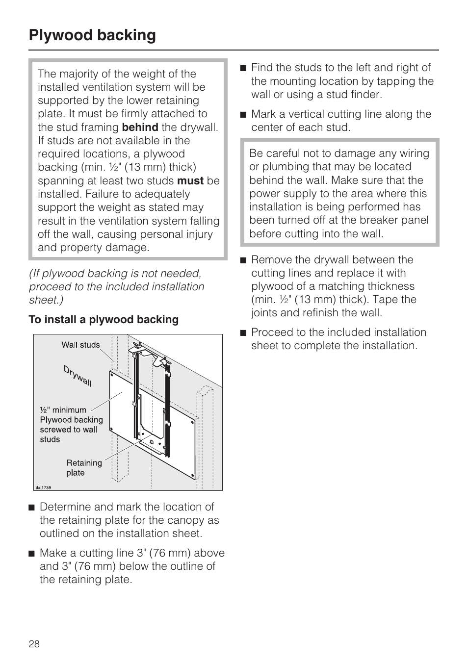 Plywood backing 28, Plywood backing | Miele DA 279-4  EN User Manual | Page 28 / 36