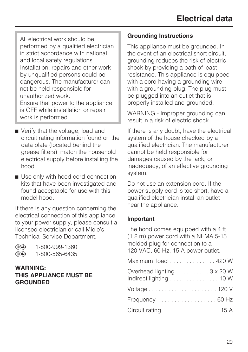 Electrical data 29, Electrical data | Miele DA 279-4  EN User Manual | Page 29 / 36