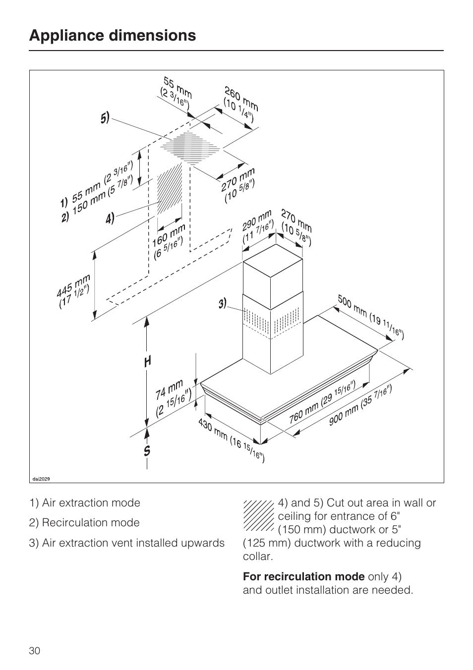 Appliance dimensions 30, Appliance dimensions | Miele DA 279-4  EN User Manual | Page 30 / 36