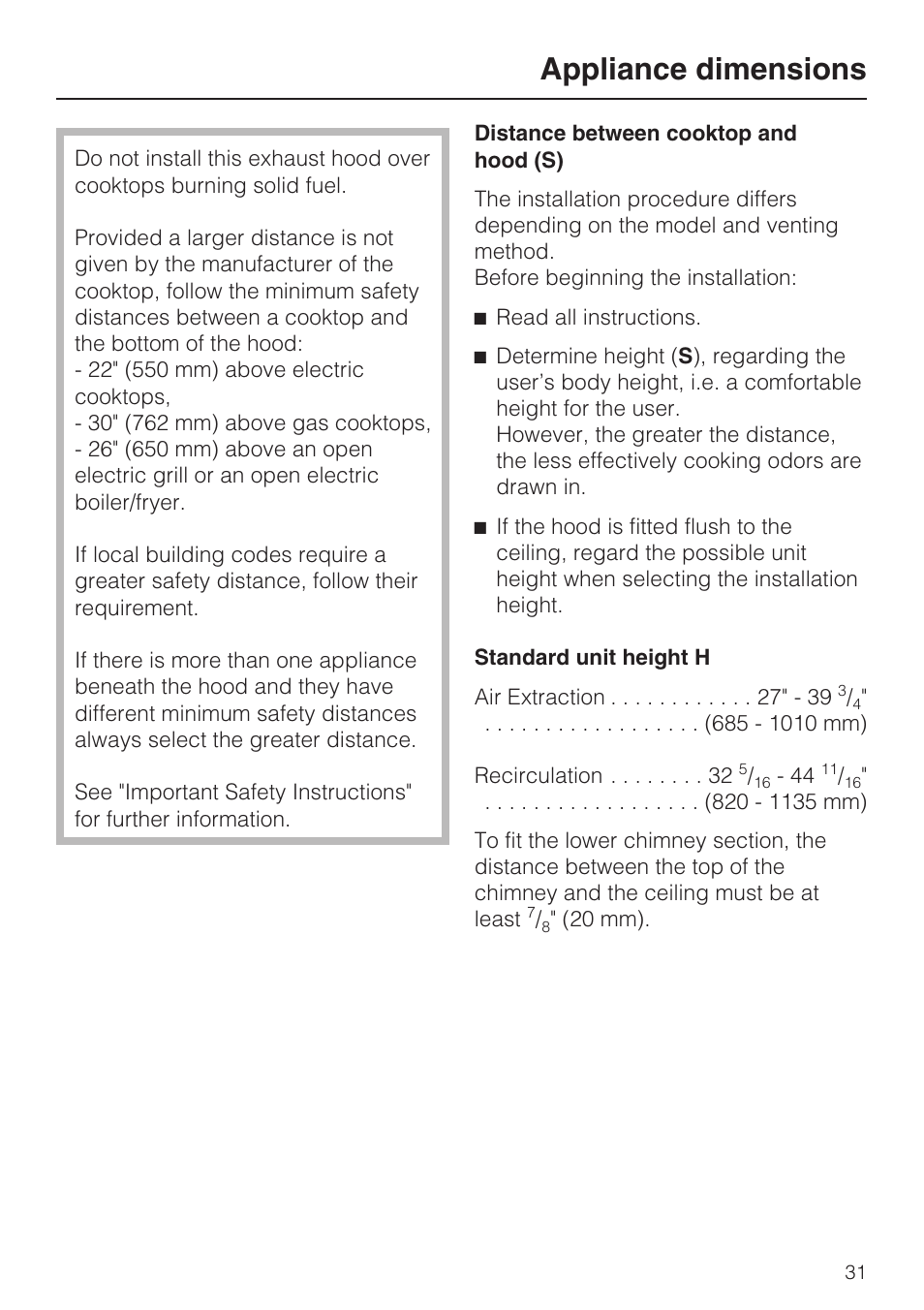 Appliance dimensions | Miele DA 279-4  EN User Manual | Page 31 / 36