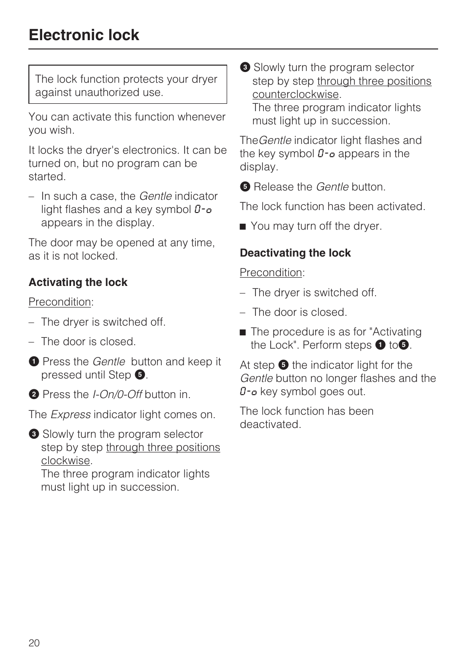 Electronic lock 20, Electronic lock | Miele NOVOTRONIC T 7634 User Manual | Page 20 / 52
