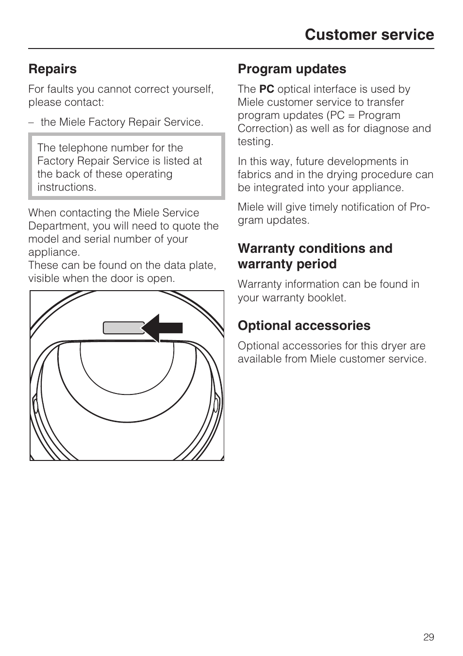 Customer service 29, Repairs 29, Program updates 29 | Warranty conditions and warranty period 29, Optional accessories 29, Customer service | Miele NOVOTRONIC T 7634 User Manual | Page 29 / 52