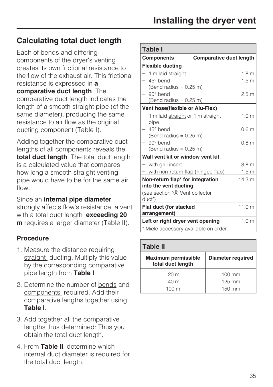 Calculating total duct length 35, Installing the dryer vent, Calculating total duct length | Miele NOVOTRONIC T 7634 User Manual | Page 35 / 52