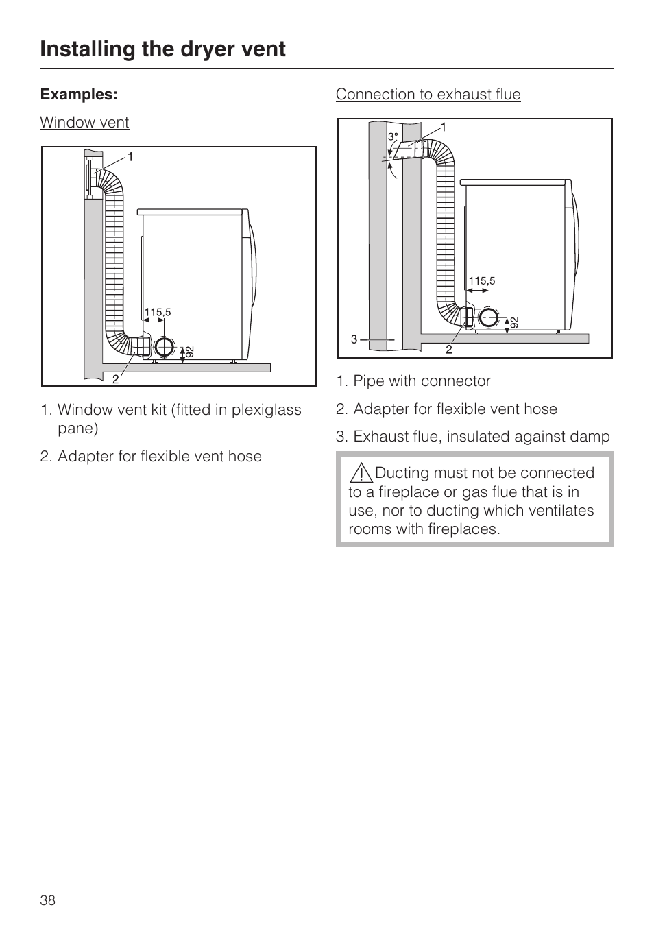 Installing the dryer vent | Miele NOVOTRONIC T 7634 User Manual | Page 38 / 52