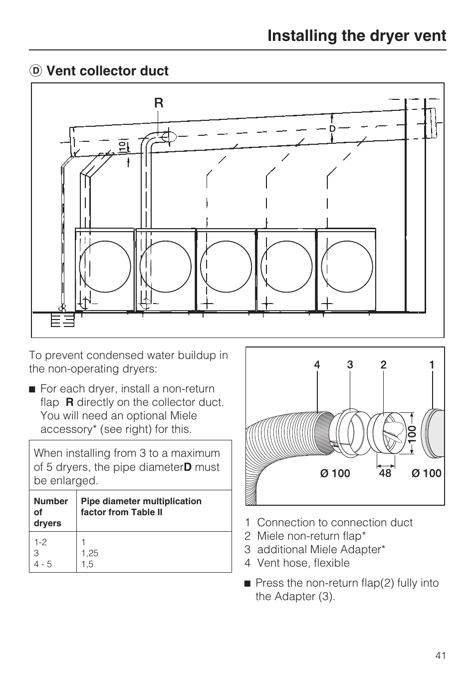 D vent collector duct 41, Installing the dryer vent, D vent collector duct | Miele NOVOTRONIC T 7634 User Manual | Page 41 / 52