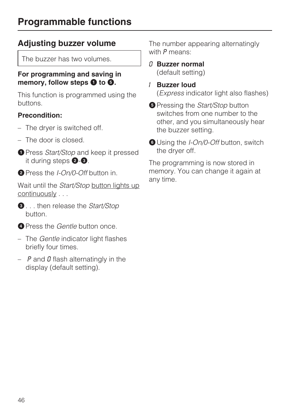 Adjusting buzzer volume 46, Programmable functions, Adjusting buzzer volume | Miele NOVOTRONIC T 7634 User Manual | Page 46 / 52