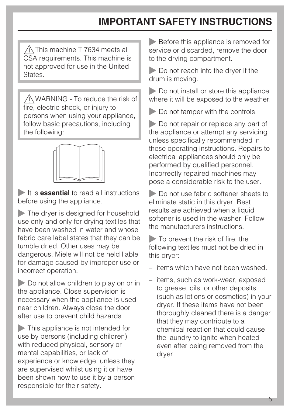 Important safety instructions 5, Important safety instructions | Miele NOVOTRONIC T 7634 User Manual | Page 5 / 52