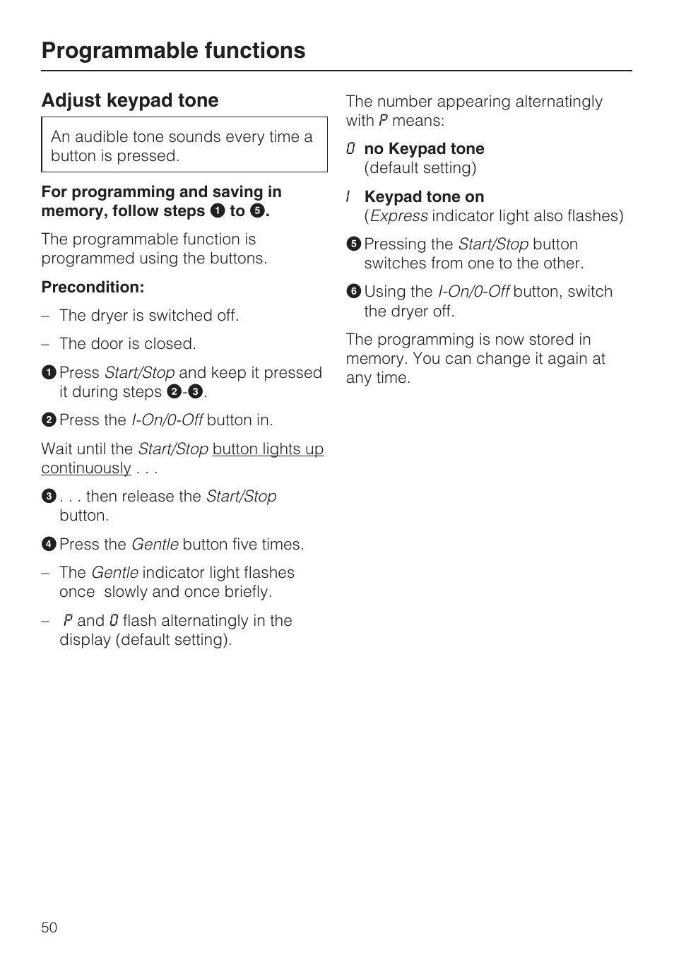 Adjust keypad tone 50, Programmable functions, Adjust keypad tone | Miele NOVOTRONIC T 7634 User Manual | Page 50 / 52