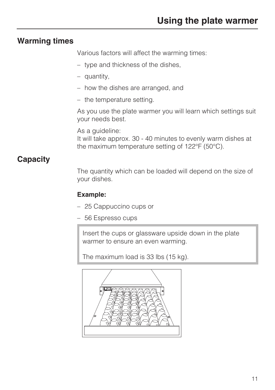 Using the plate warmer, Warming times, Capacity | Miele EGW2062 User Manual | Page 11 / 24