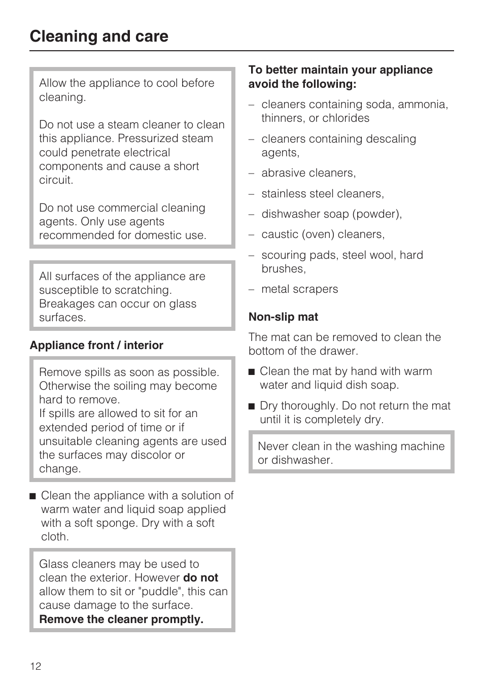 Cleaning and care 12, Cleaning and care | Miele EGW2062 User Manual | Page 12 / 24