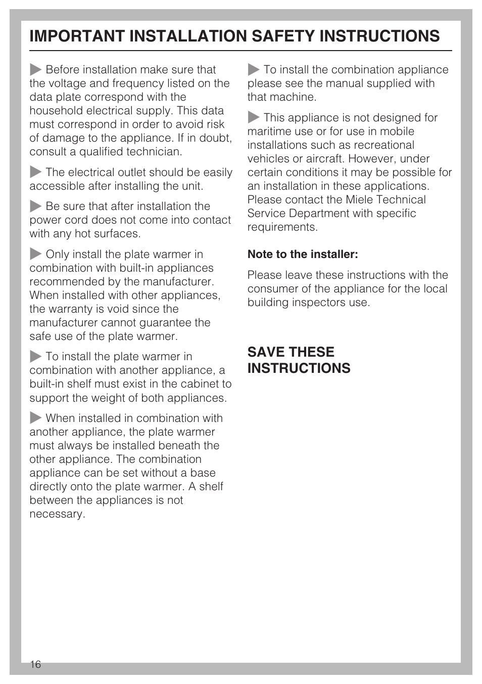 Important installation safety instructions 16, Important installation safety instructions | Miele EGW2062 User Manual | Page 16 / 24