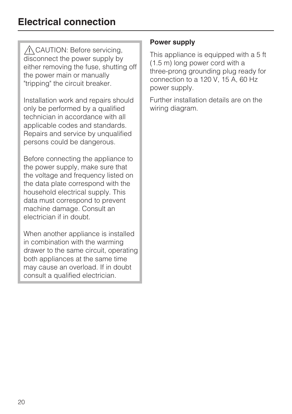 Electrical connection 20, Electrical connection | Miele EGW2062 User Manual | Page 20 / 24