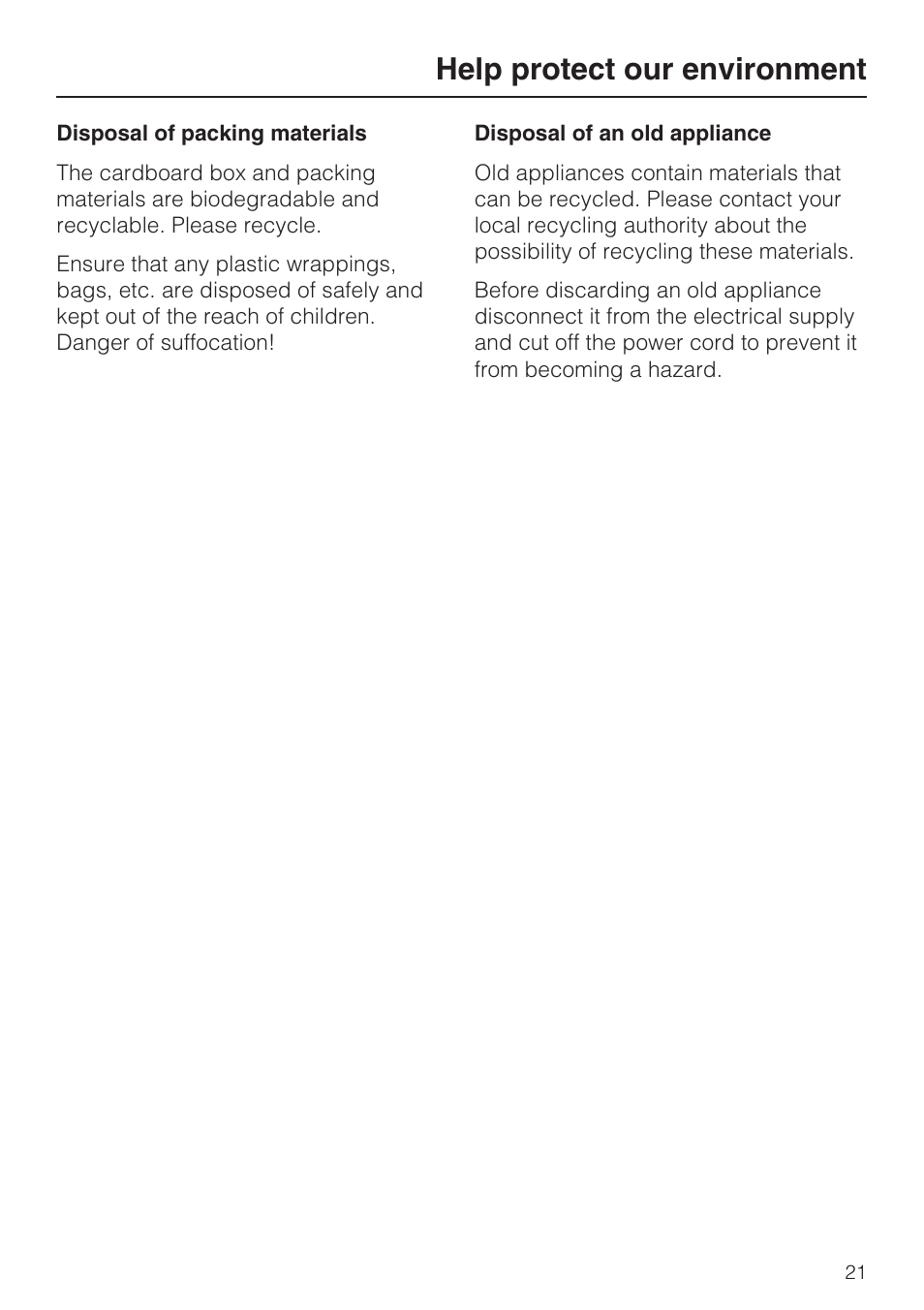 Help protect our environment 21, Help protect our environment | Miele EGW2062 User Manual | Page 21 / 24