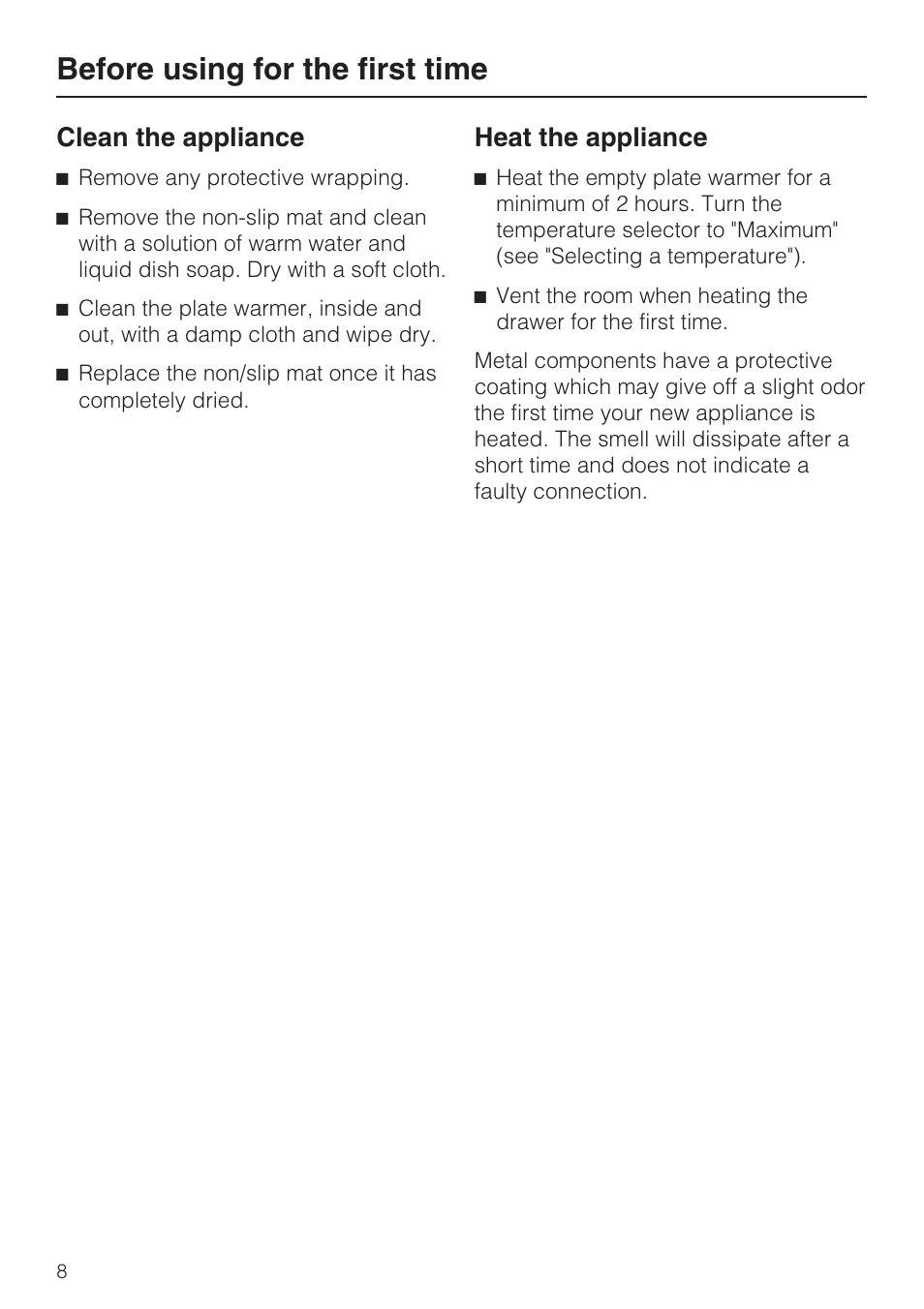 Before using for the first time 8, Before using for the first time, Clean the appliance | Heat the appliance | Miele EGW2062 User Manual | Page 8 / 24