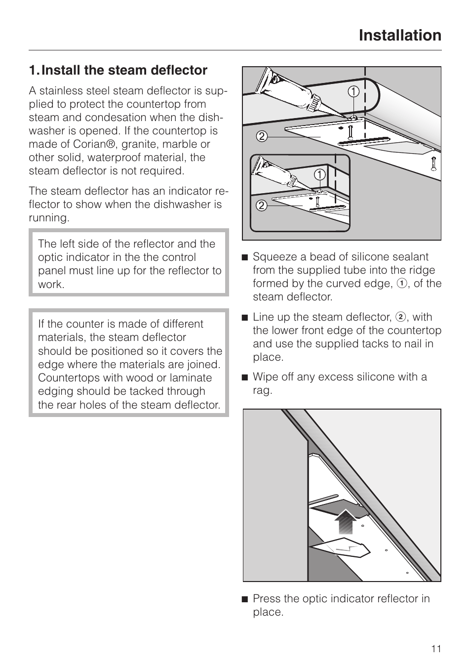 Installation 11, Install the steam deflector 11, Installation | Install the steam deflector | Miele 05 620 661 User Manual | Page 11 / 36