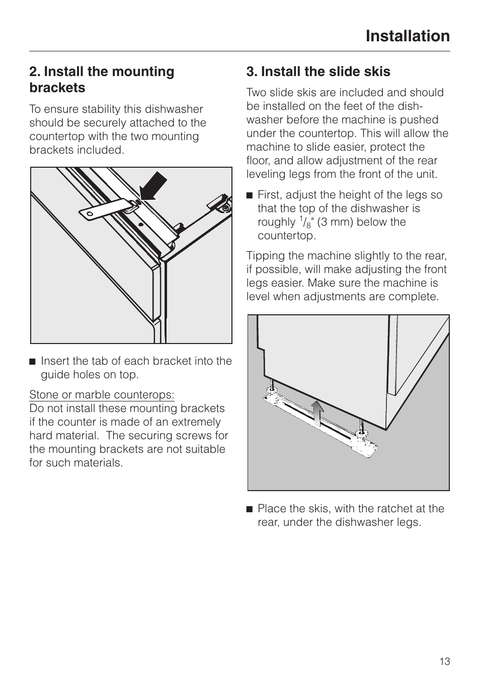 Install the mounting brackets 13, Install the slide skis 13, Installation | Install the mounting brackets, Install the slide skis | Miele 05 620 661 User Manual | Page 13 / 36