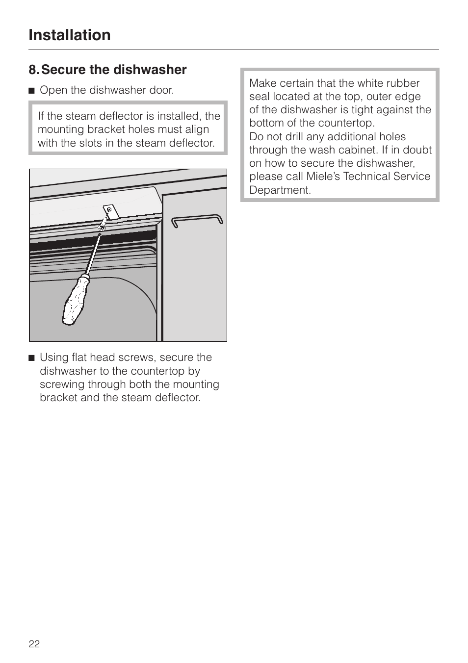 Secure the dishwasher 22, Secure the dishwasher, Installation | Miele 05 620 661 User Manual | Page 22 / 36