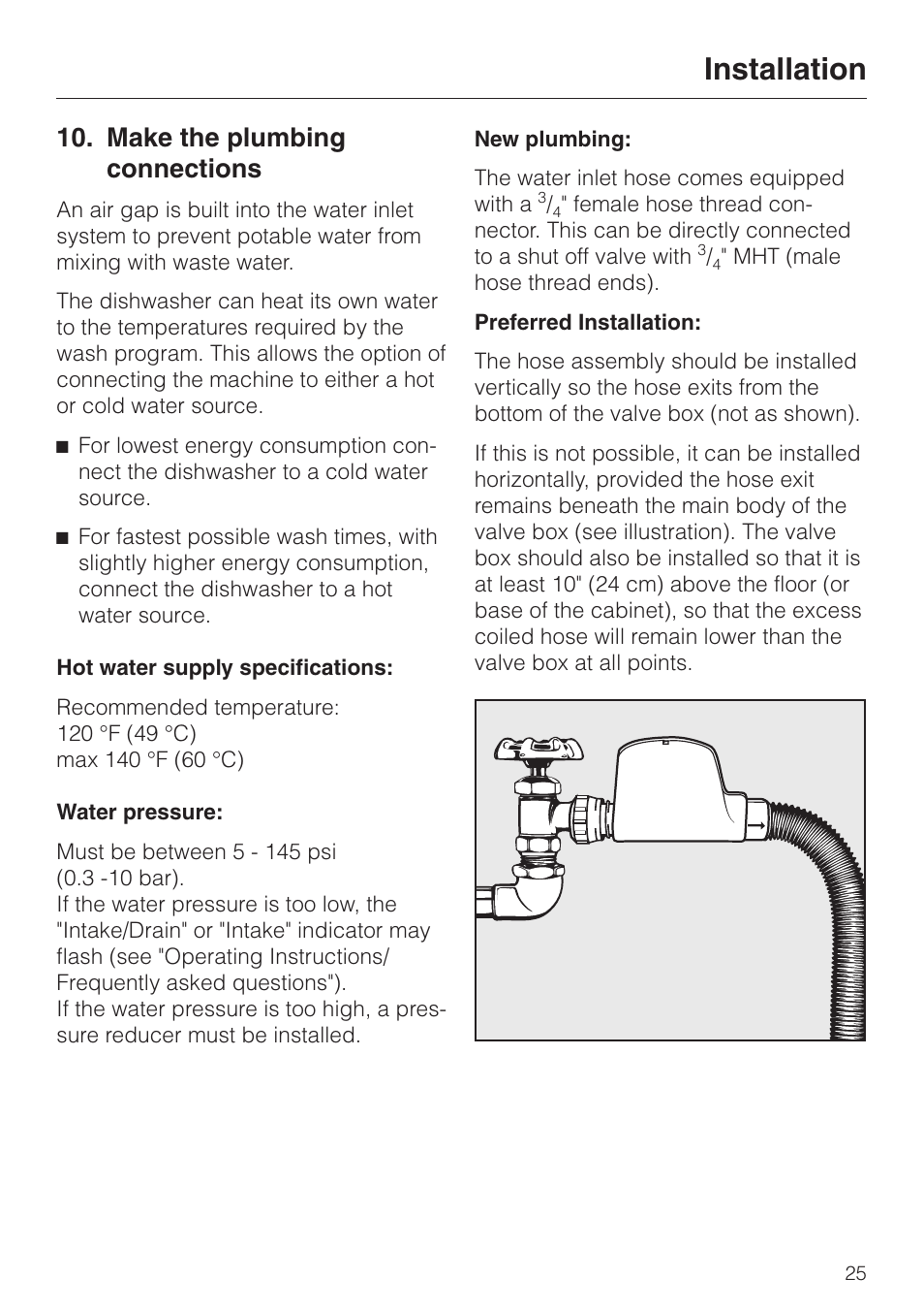 Make the plumbing connections 25, Make the plumbing connections, Installation | Miele 05 620 661 User Manual | Page 25 / 36