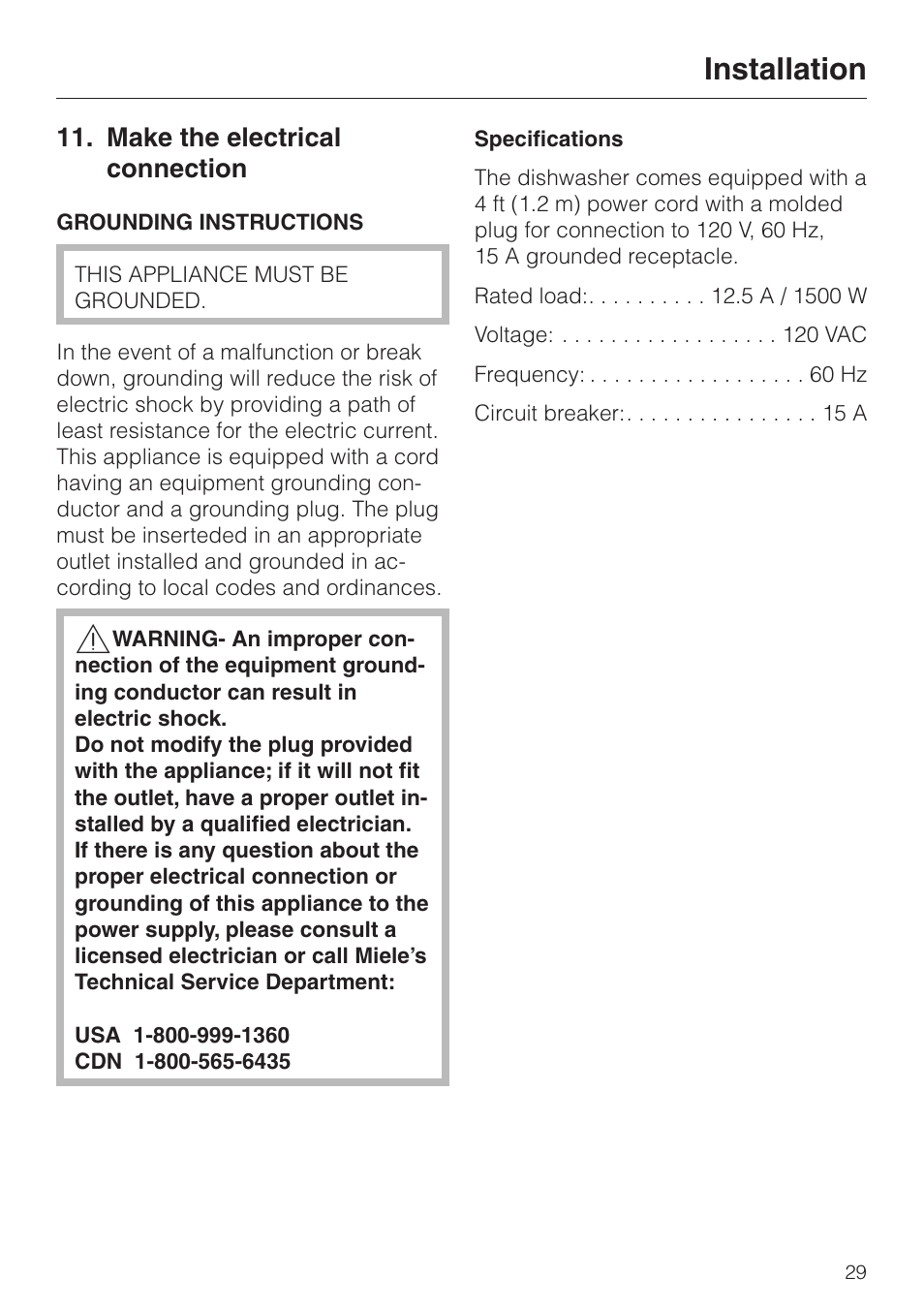 Make the electrical connection 29, Make the electrical connection, Installation | Miele 05 620 661 User Manual | Page 29 / 36