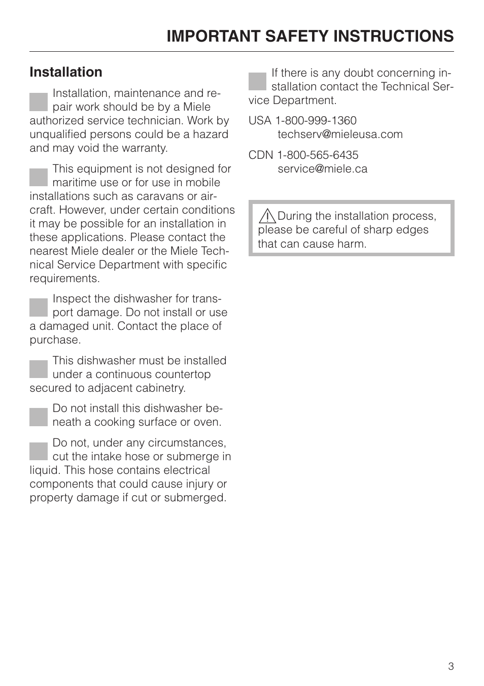 Important safety instructions 3, Important safety instructions, Installation | Miele 05 620 661 User Manual | Page 3 / 36