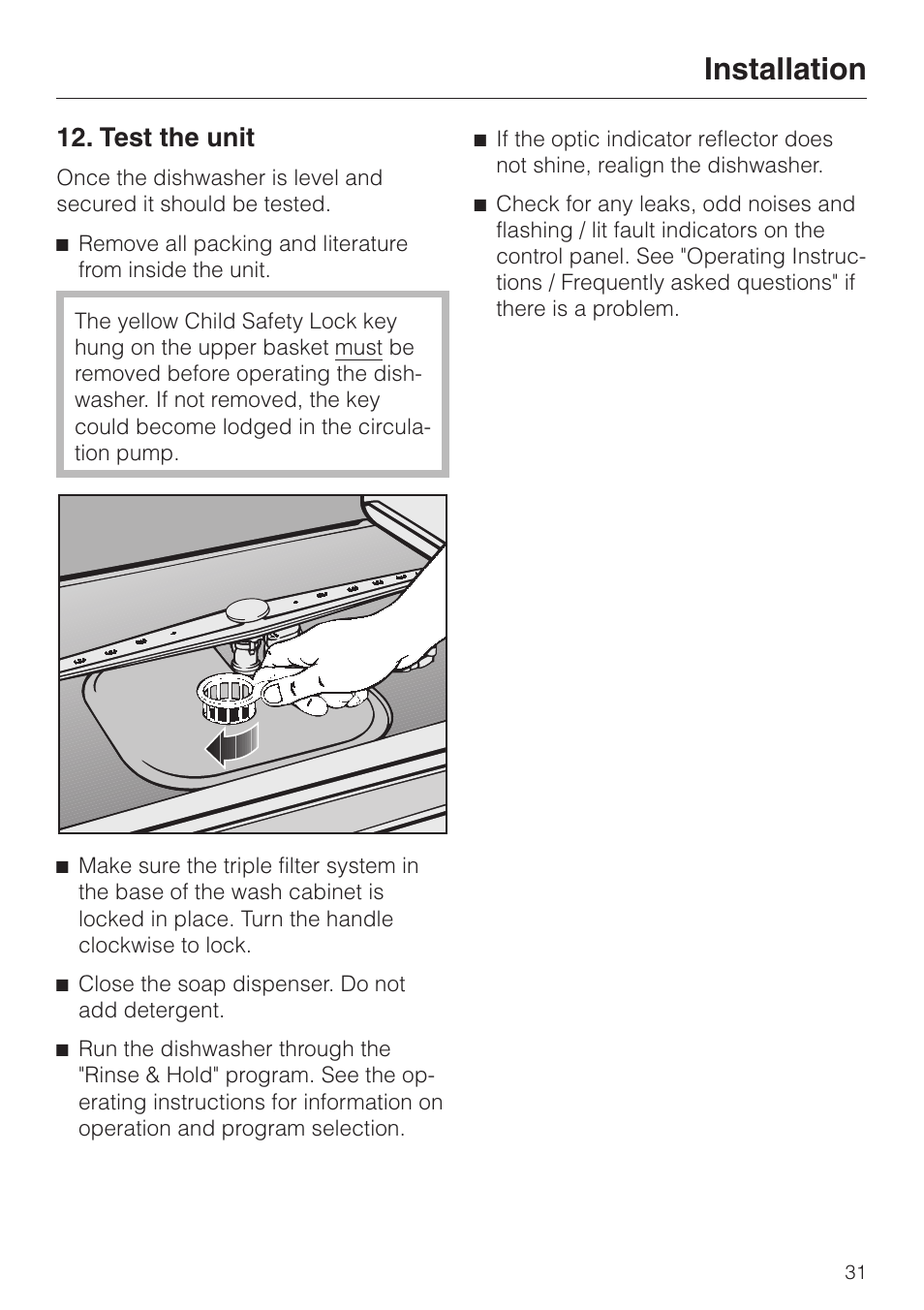 Test the unit 31, Test the unit, Installation | Miele 05 620 661 User Manual | Page 31 / 36