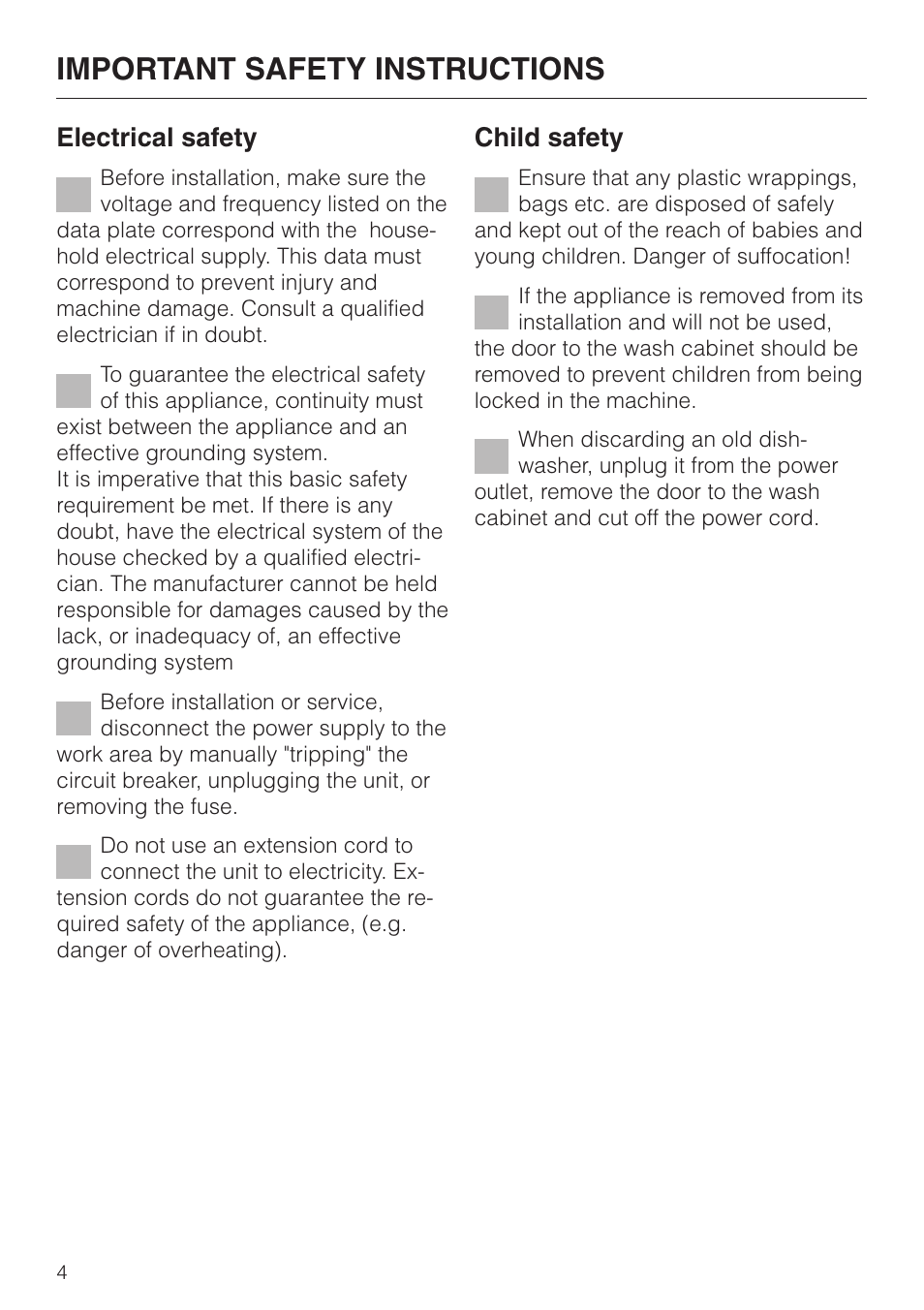 Important safety instructions, Electrical safety, Child safety | Miele 05 620 661 User Manual | Page 4 / 36