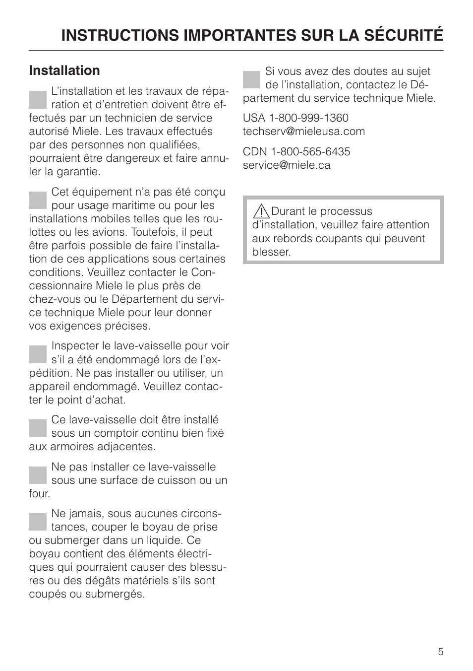 Instructions importantes sur la sécurité 5, Instructions importantes sur la sécurité, Installation | Miele 05 620 661 User Manual | Page 5 / 36