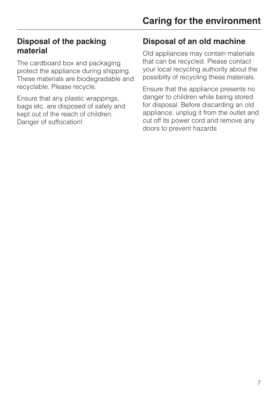 Caring for the environment 7, Disposal of the packing material 7, Disposal of an old machine 7 | Caring for the environment | Miele 05 620 661 User Manual | Page 7 / 36