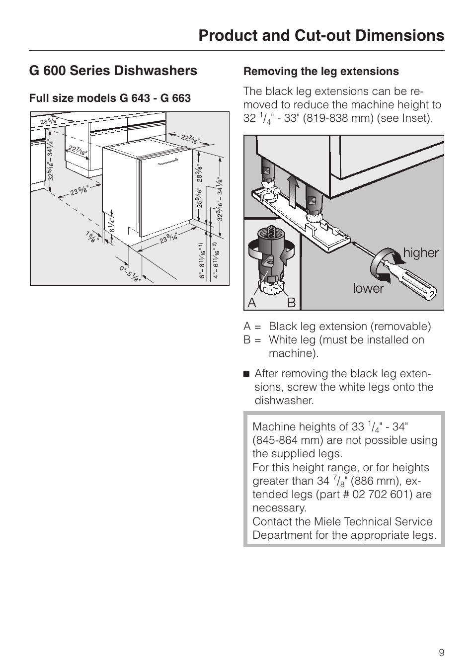 Product and cut-out dimensions 9, Product and cut-out dimensions, G 600 series dishwashers | Miele 05 620 661 User Manual | Page 9 / 36