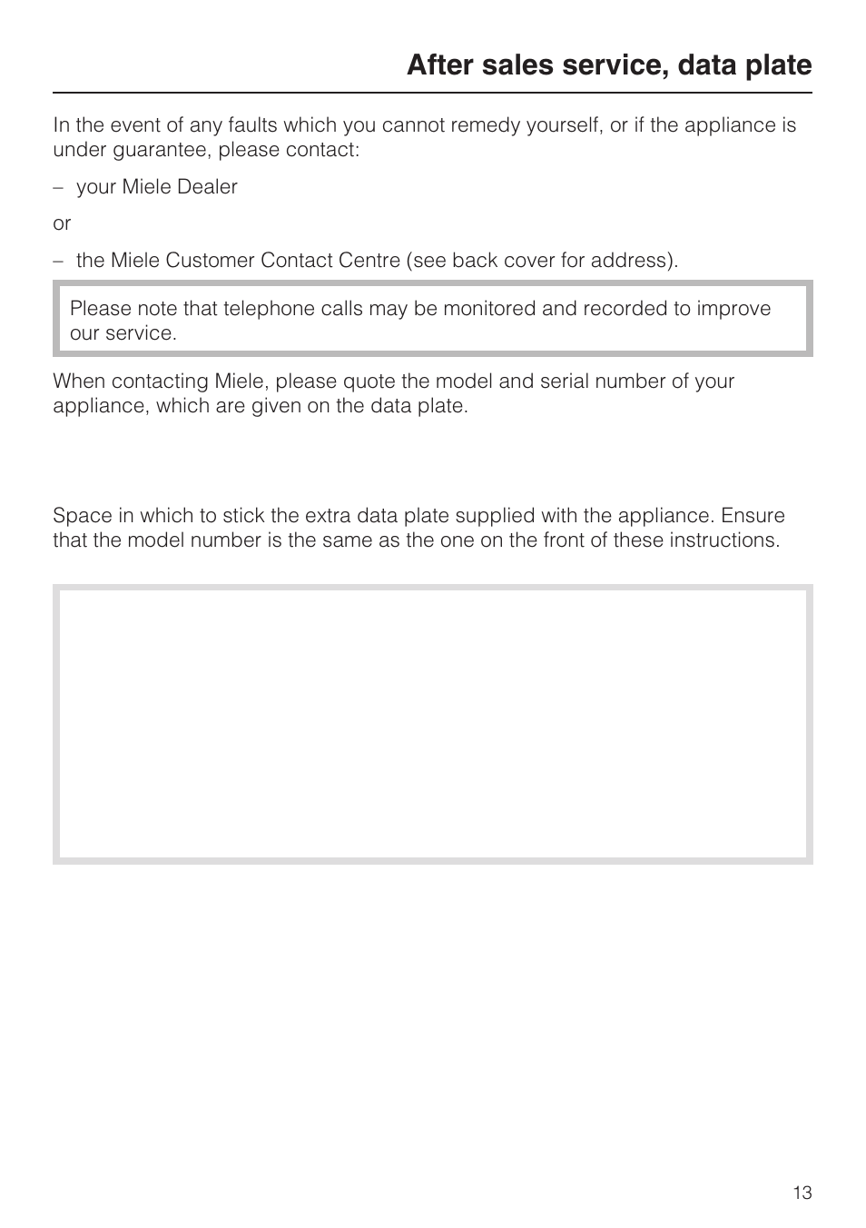 After sales service, data plate 13, After sales service, data plate | Miele ESS 3060-10 User Manual | Page 13 / 16