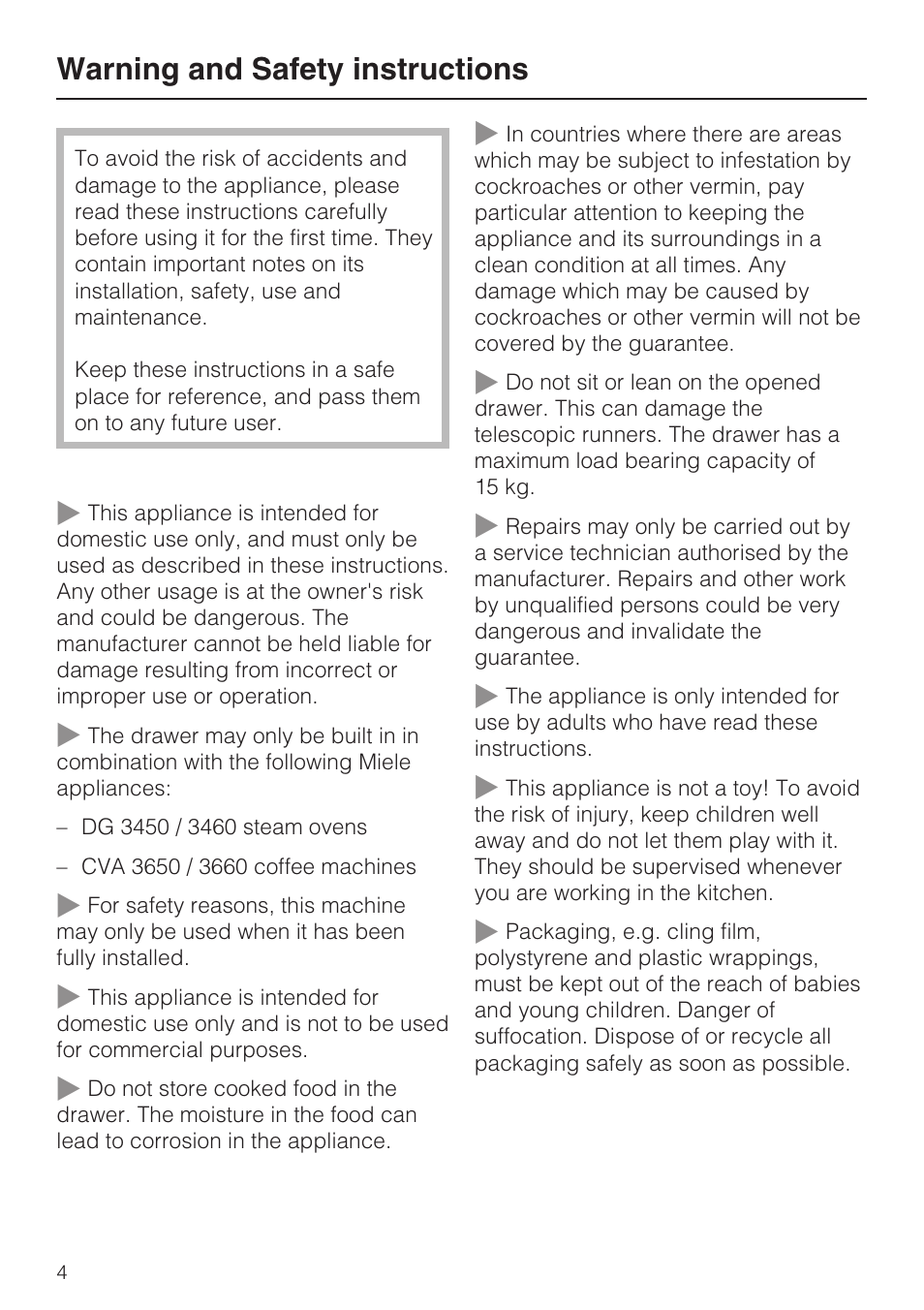 Warning and safety instructions 4, Warning and safety instructions | Miele ESS 3060-10 User Manual | Page 4 / 16