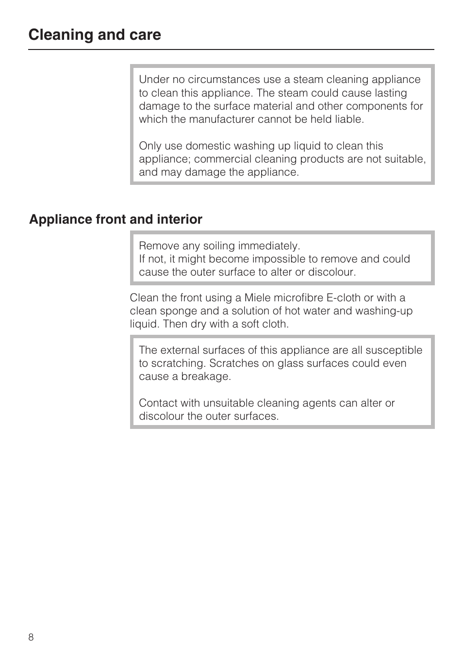 Cleaning and care 8, Appliance front and interior 8, Cleaning and care | Appliance front and interior | Miele ESS 3060-10 User Manual | Page 8 / 16