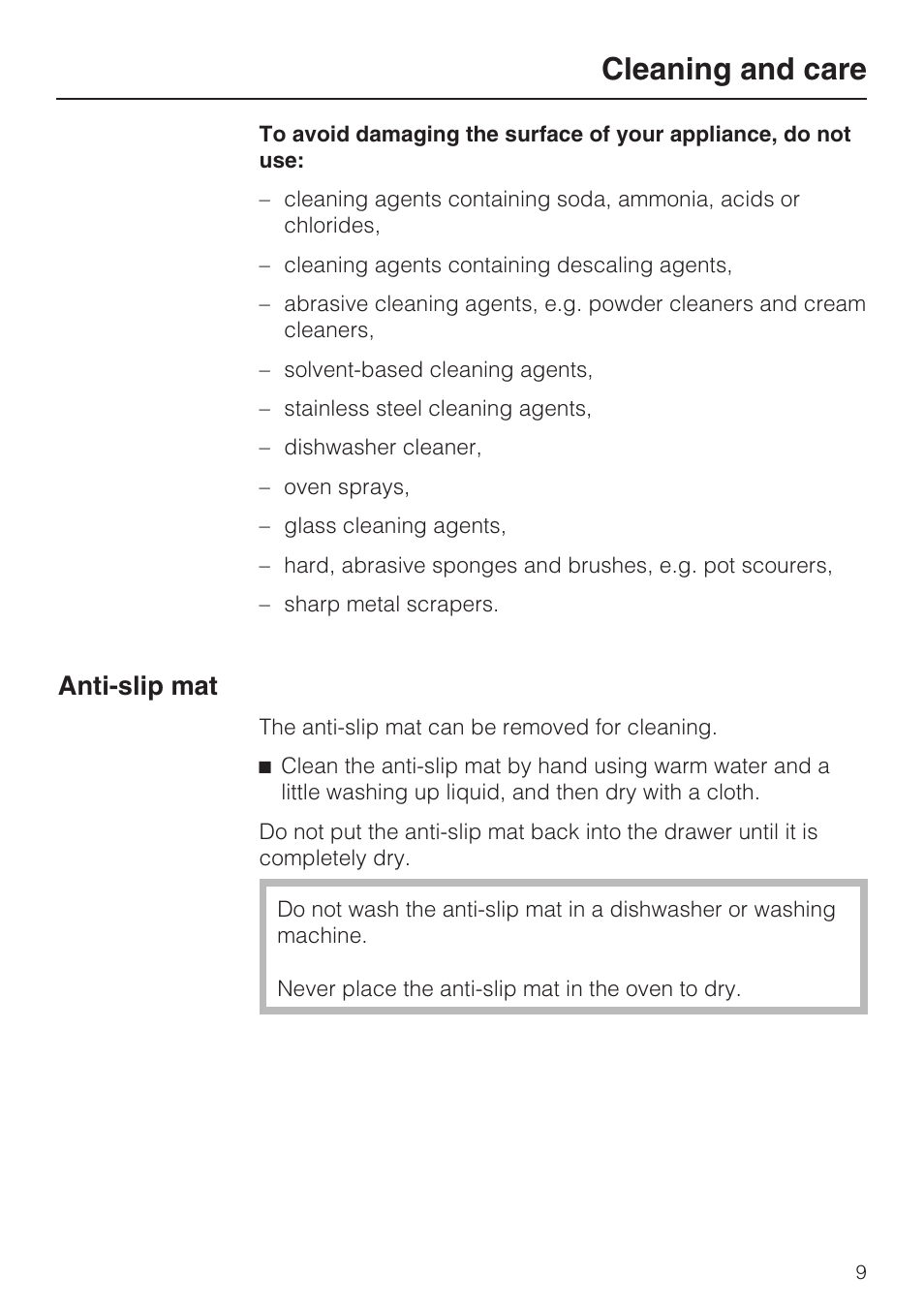 Anti-slip mat 9, Cleaning and care, Anti-slip mat | Miele ESS 3060-10 User Manual | Page 9 / 16