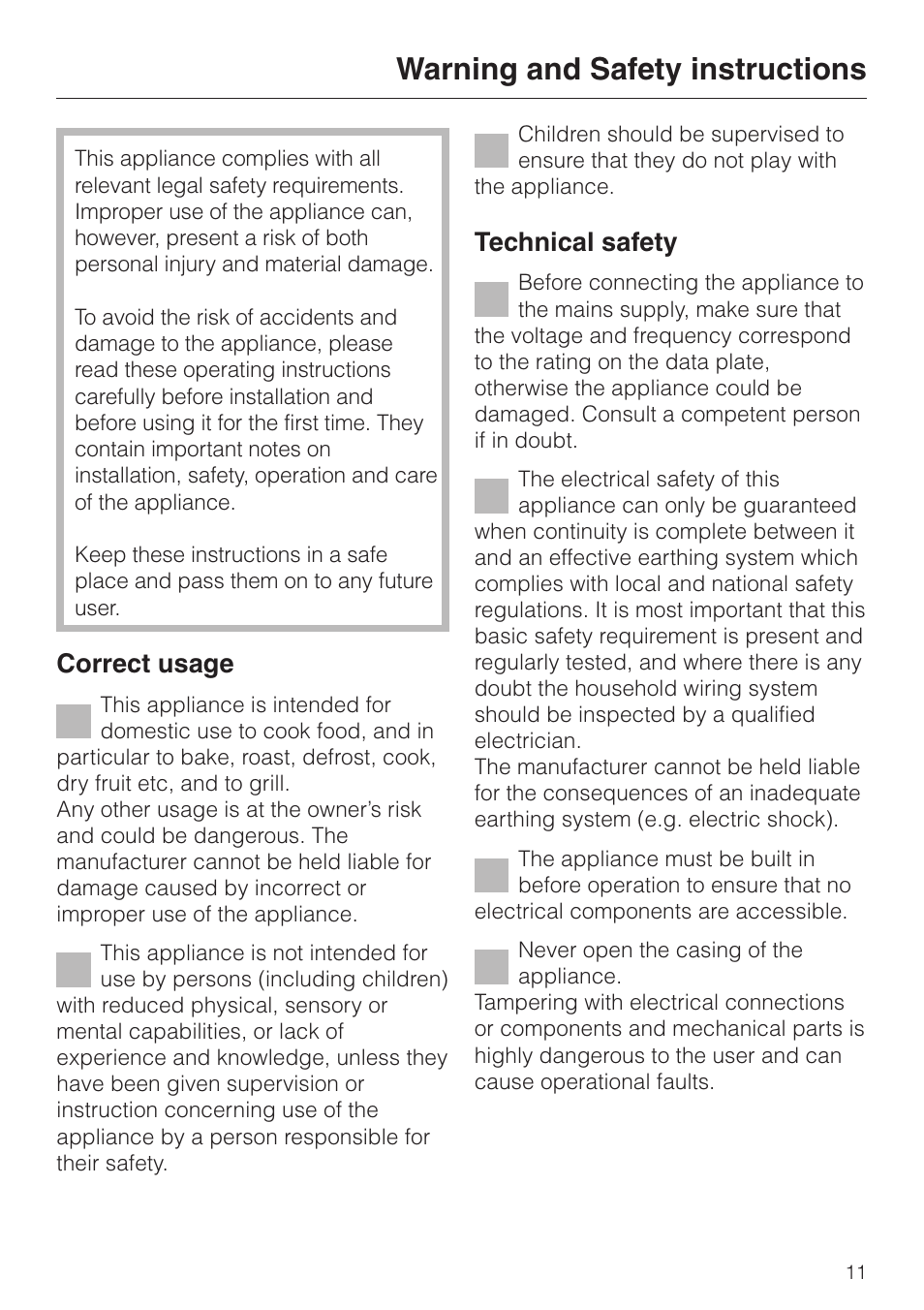 Warning and safety instructions 11, Warning and safety instructions, Correct usage | Technical safety | Miele H4200 User Manual | Page 11 / 64