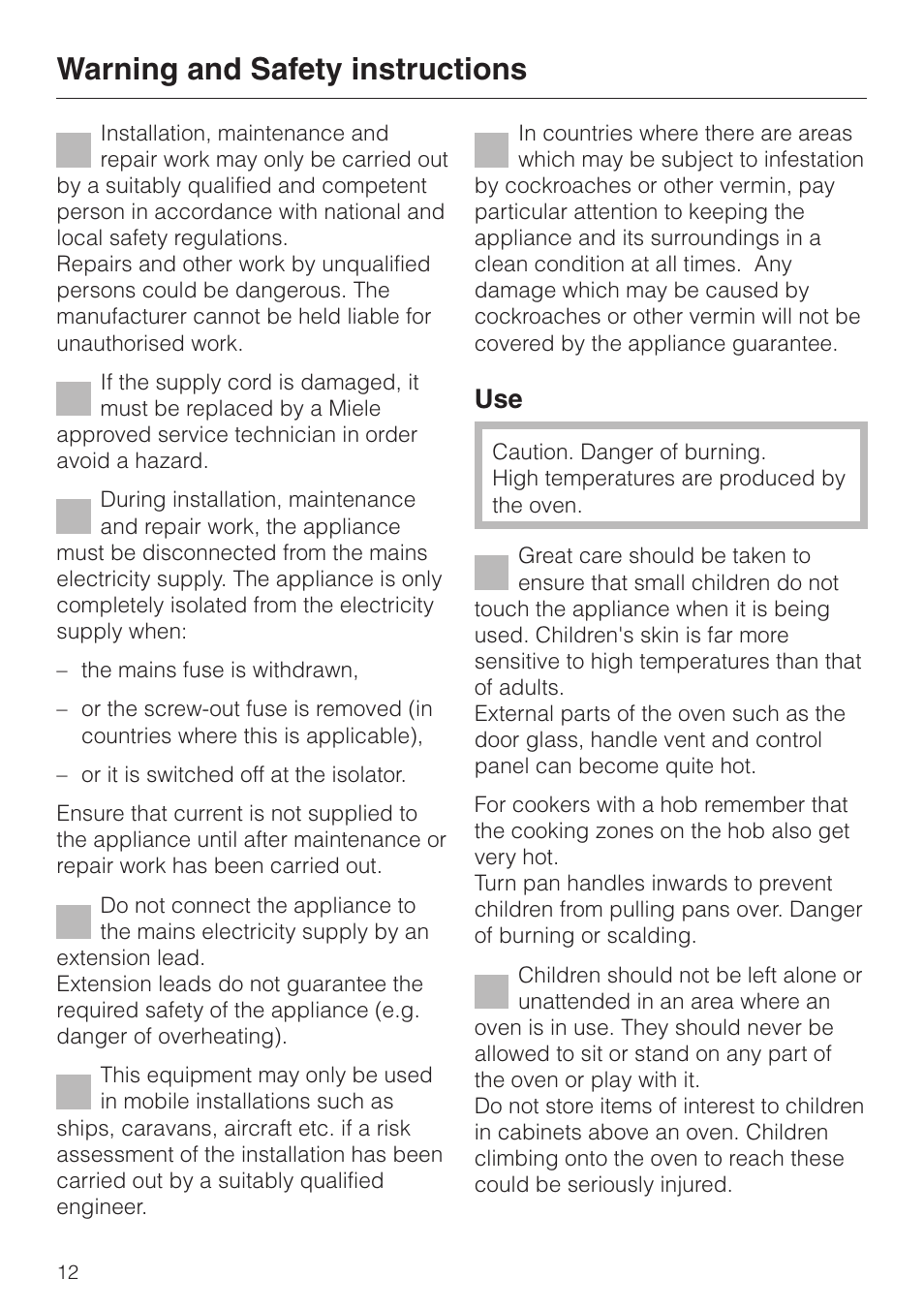 Warning and safety instructions | Miele H4200 User Manual | Page 12 / 64