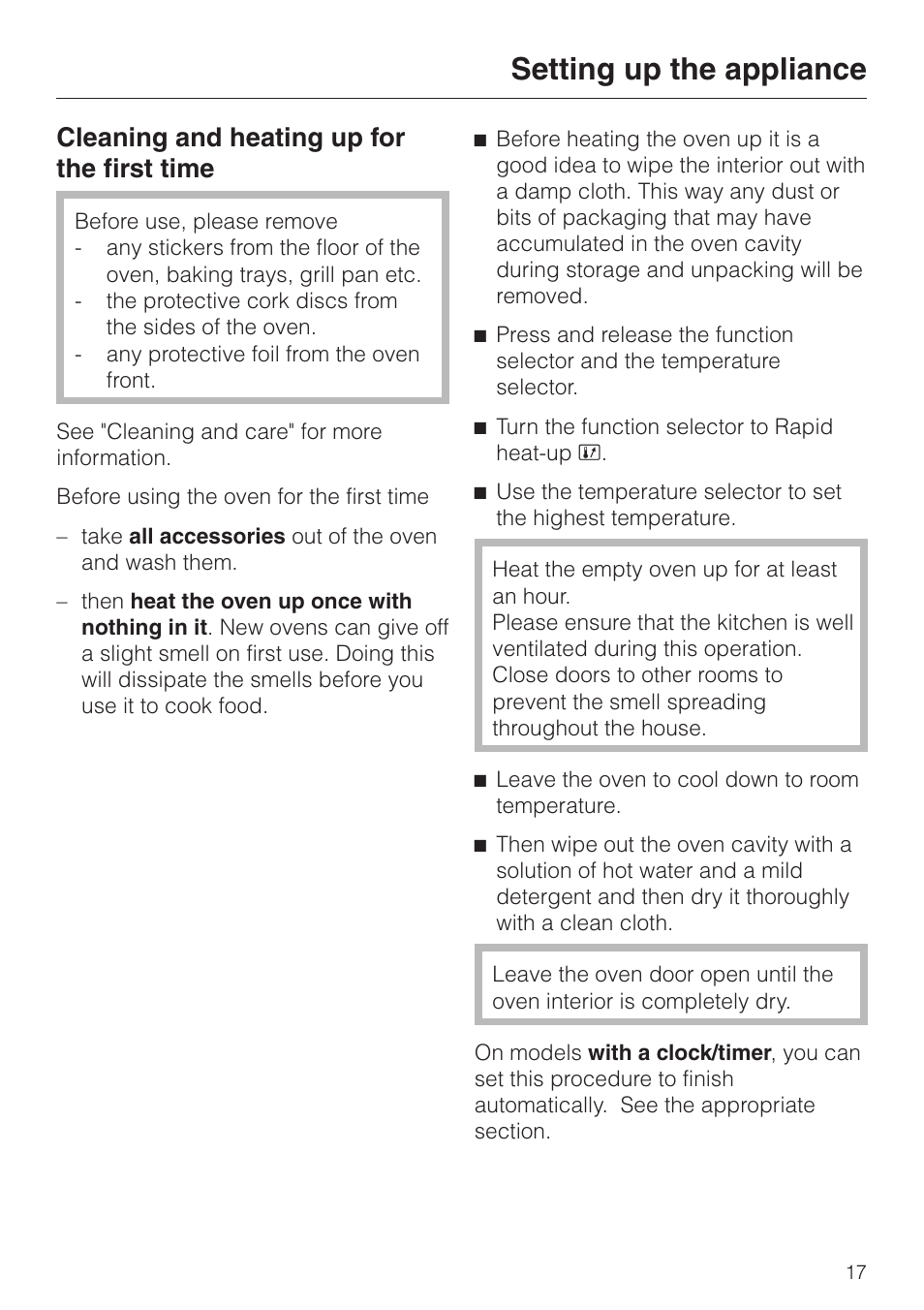 Cleaning and heating up for the first time 17, Setting up the appliance, Cleaning and heating up for the first time | Miele H4200 User Manual | Page 17 / 64