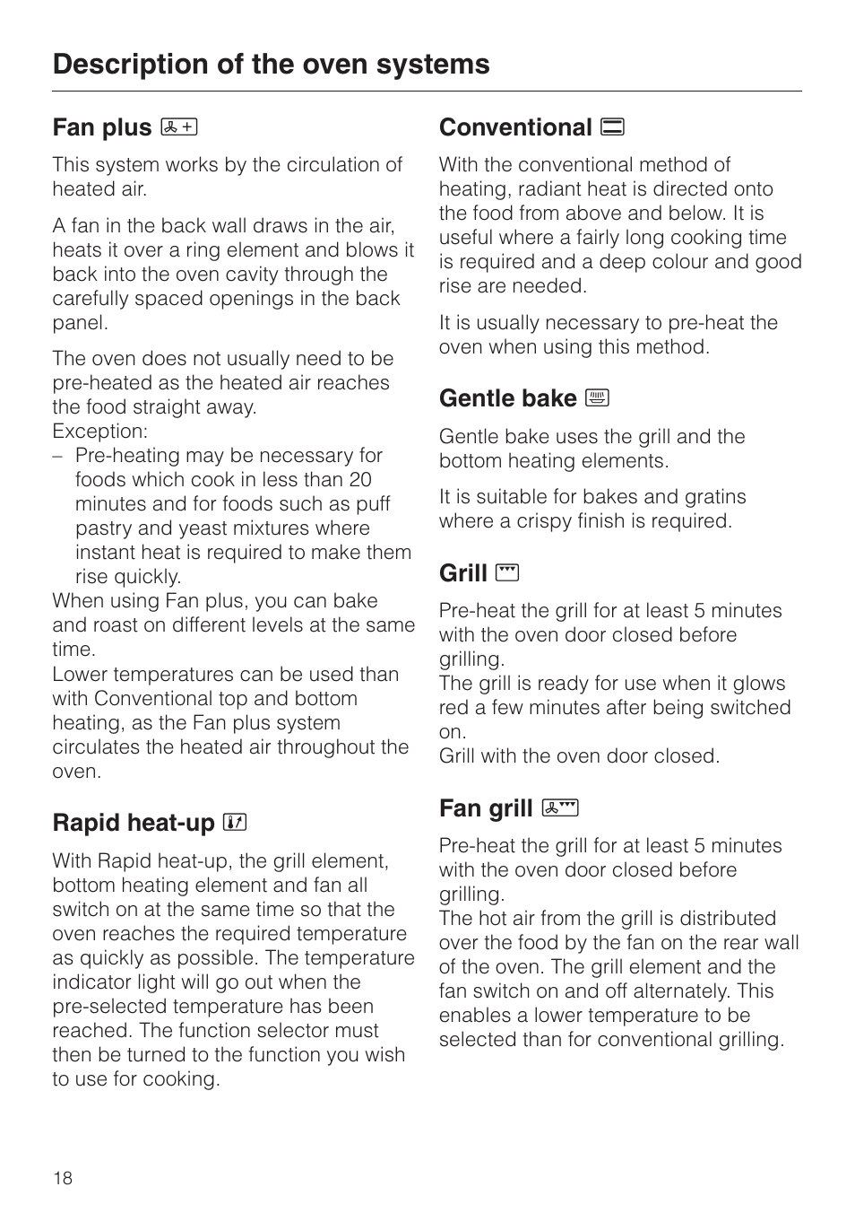 Description of the oven systems 18, Description of the oven systems | Miele H4200 User Manual | Page 18 / 64