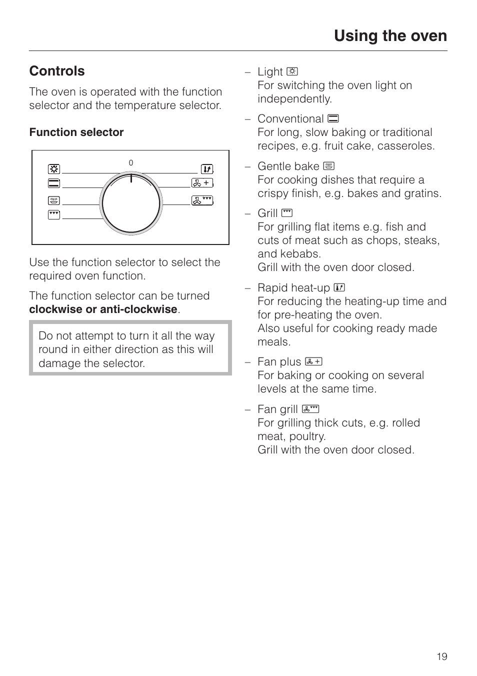 Using the oven 19, Controls 19, Function selector 19 | Using the oven, Controls | Miele H4200 User Manual | Page 19 / 64