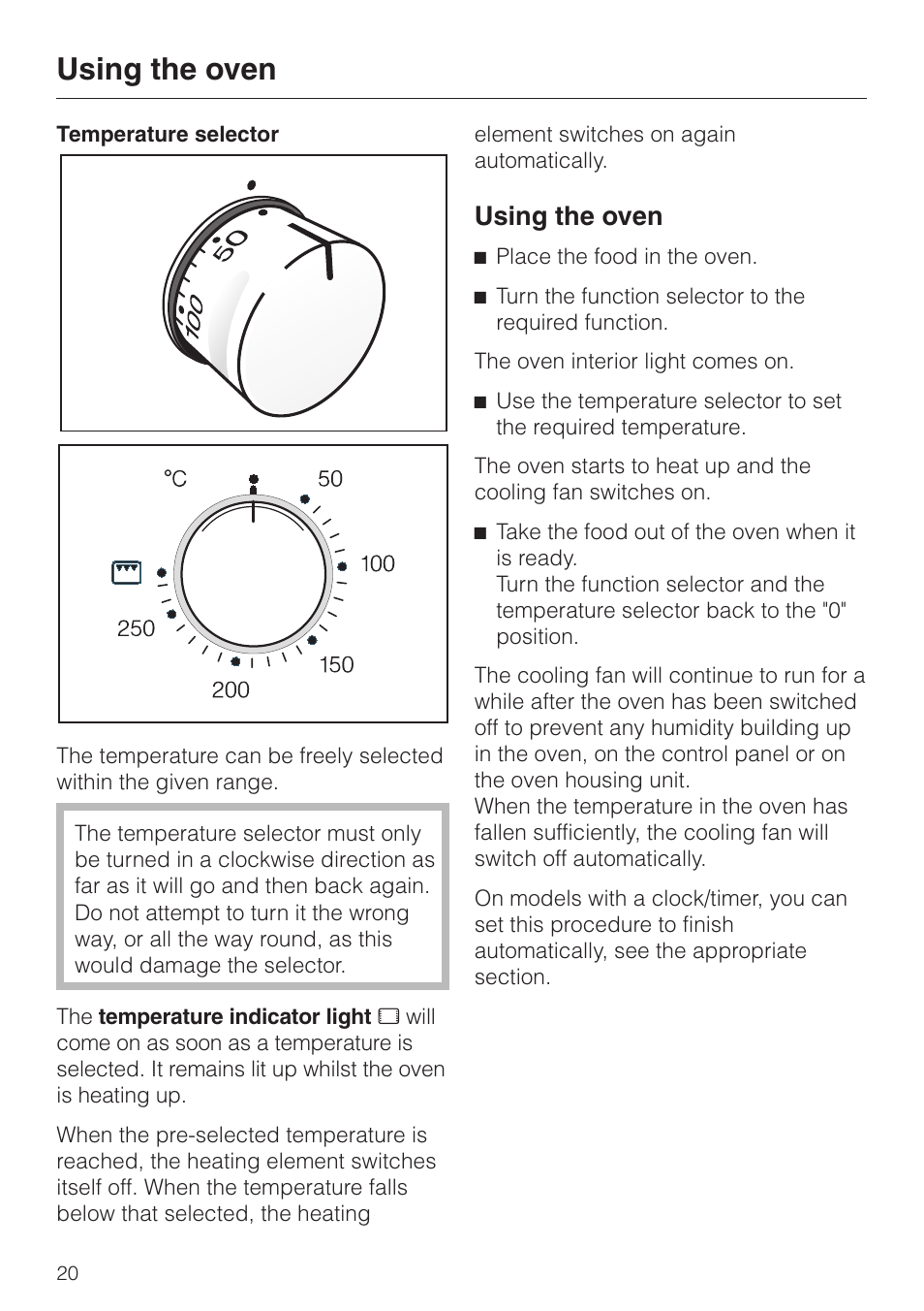 Temperature selector 20, Using the oven 20, Using the oven | Miele H4200 User Manual | Page 20 / 64