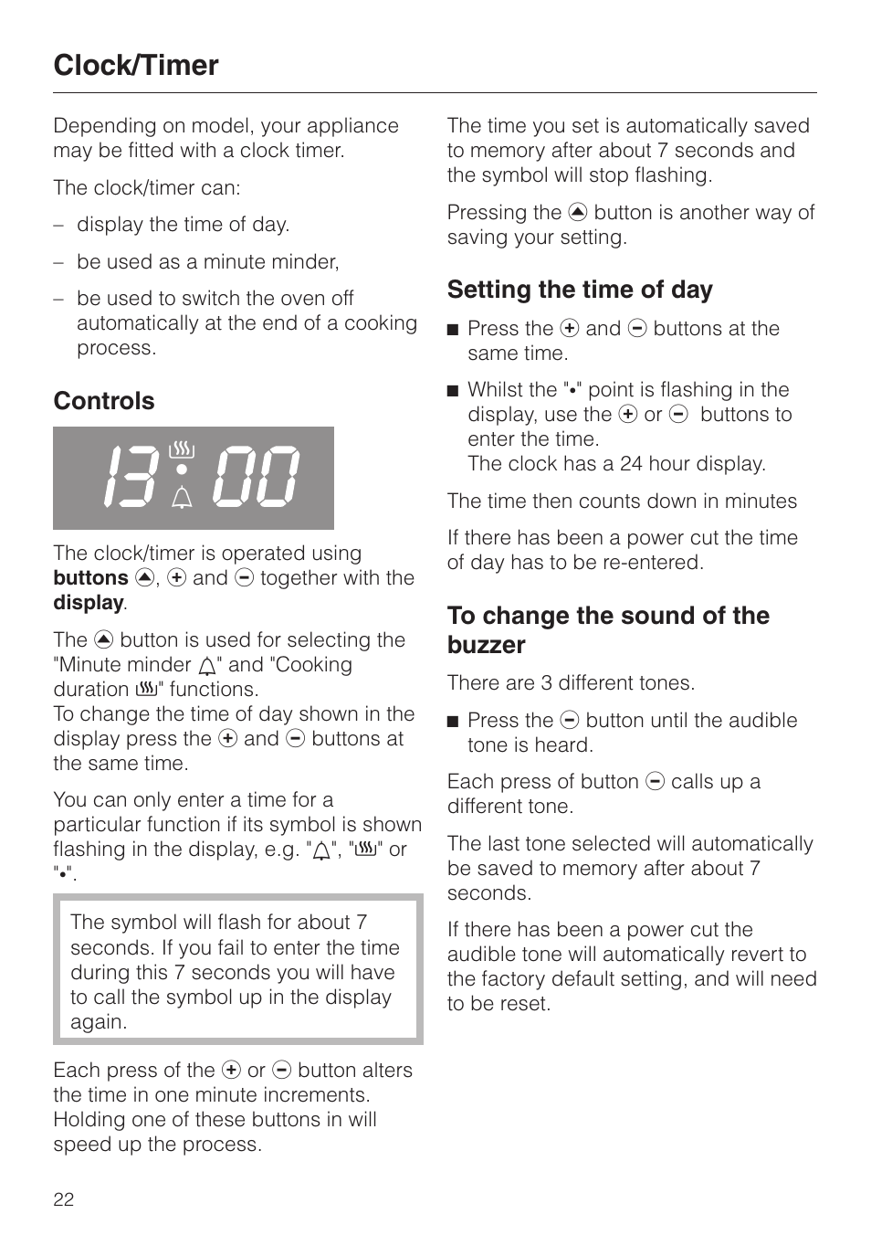 Clock/timer 22, Controls 22, Setting the time of day 22 | To change the sound of the buzzer 22, Clock/timer, Controls l, Setting the time of day | Miele H4200 User Manual | Page 22 / 64