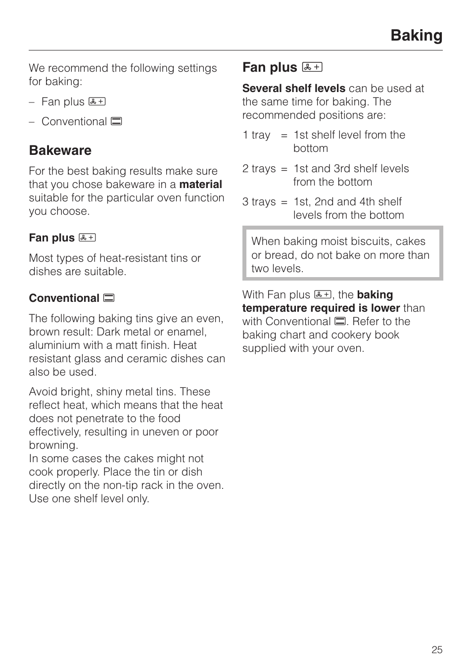 Baking 25, Baking, Bakeware | Fan plus y | Miele H4200 User Manual | Page 25 / 64