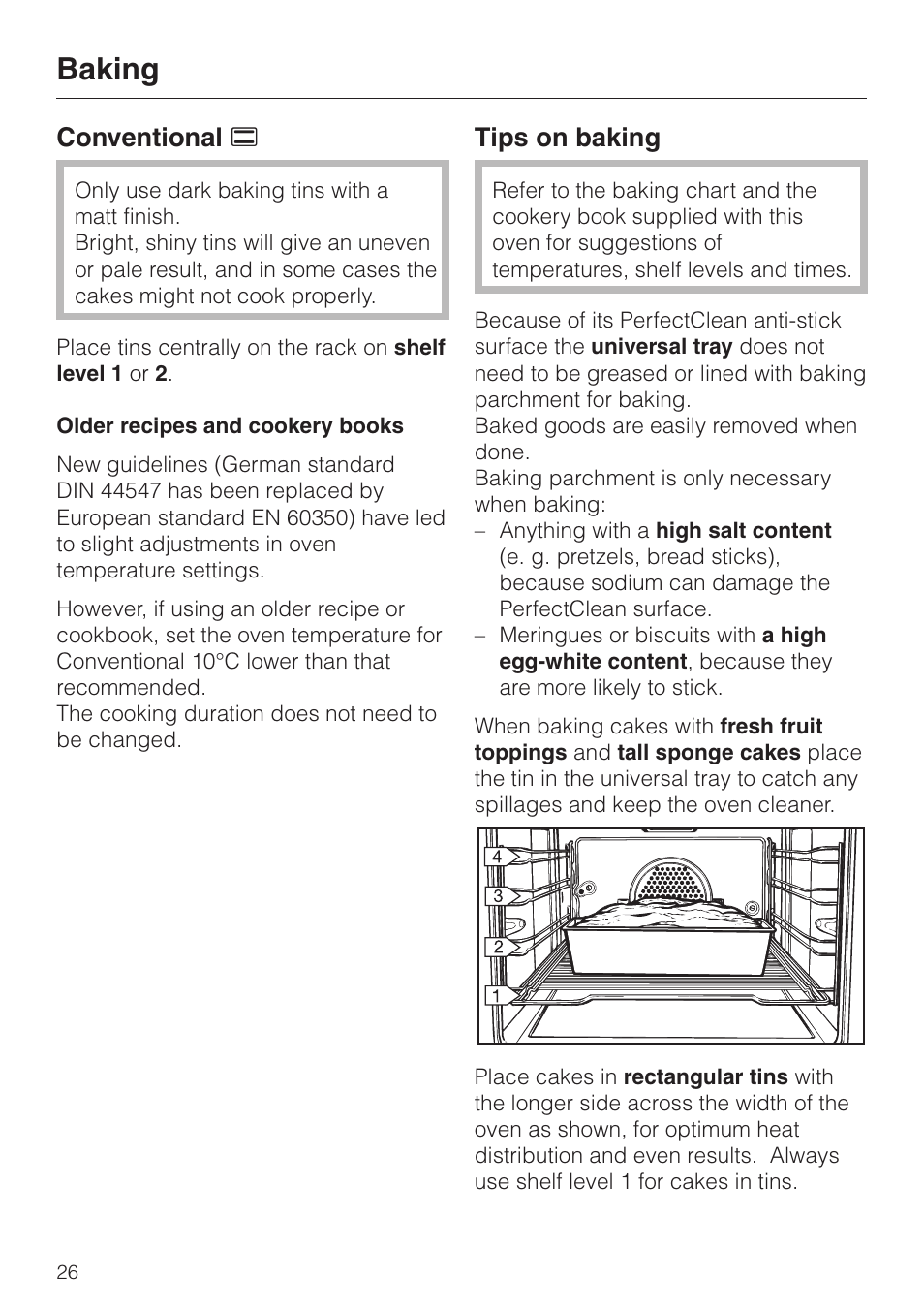 Baking, Conventional a, Tips on baking | Miele H4200 User Manual | Page 26 / 64