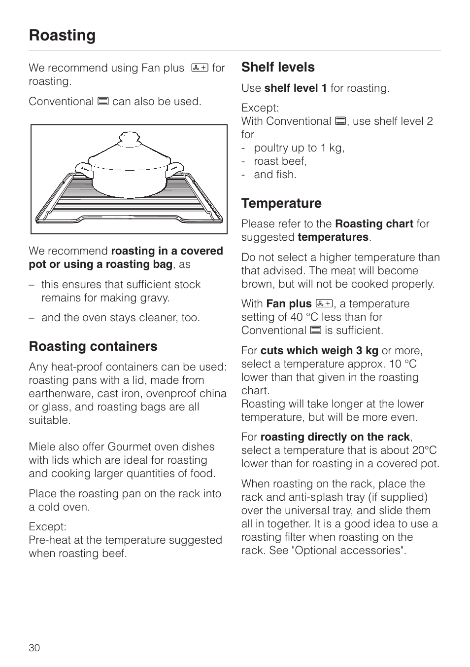 Roasting 30, Roasting, Roasting containers | Shelf levels, Temperature | Miele H4200 User Manual | Page 30 / 64